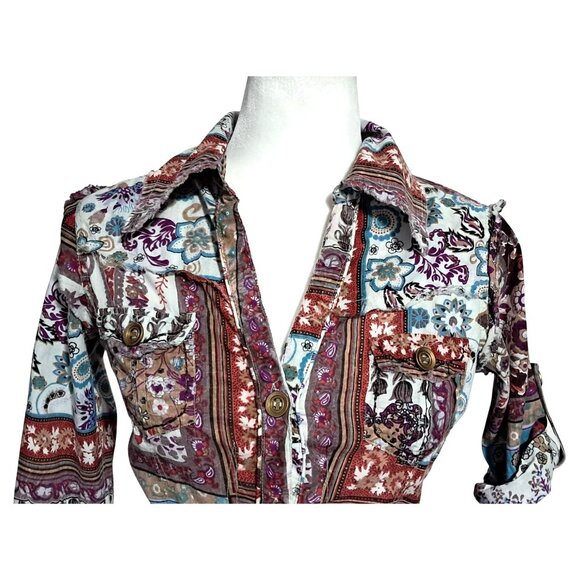 Crown of Hearts Shirt Womens Size S Top Boho Patchwork Button Down Collared Adj - Picture 2 of 16